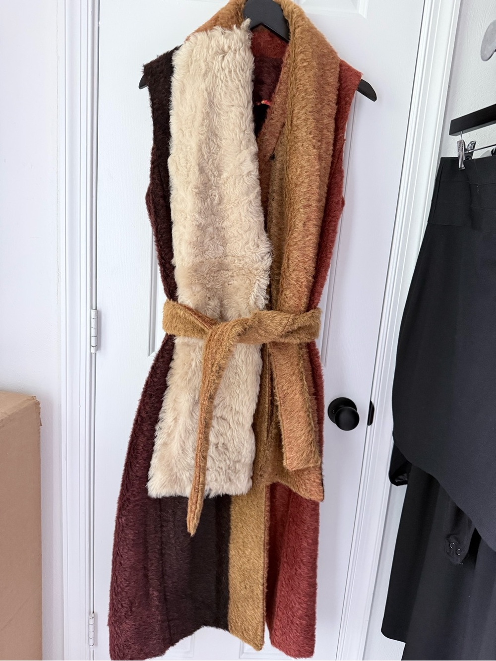 Thakoon Multi-Panel Faux Fur Belted Vest in Cream, Brown & Rust
